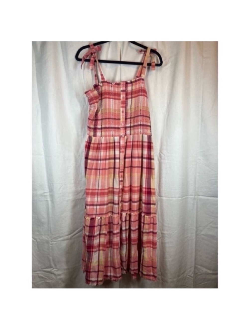 True craft plaid smocked tiered shoulder tie maxi dress raw edges square neck